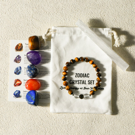 Zodiac Crystal Premium Bundle | 5 Natural Healing Stones + Zodiac Bracelet + Meaning Card | Complete Star Sign Gift Set