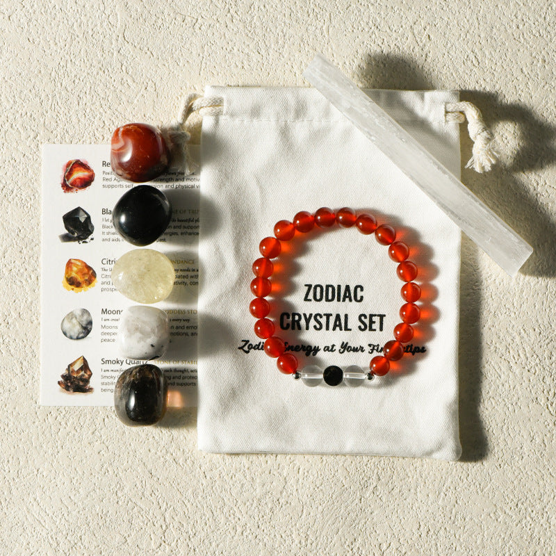Zodiac Crystal Premium Bundle | 5 Natural Healing Stones + Zodiac Bracelet + Meaning Card | Complete Star Sign Gift Set