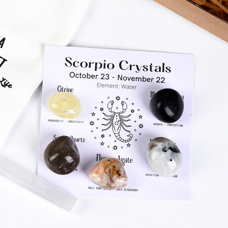Zodiac Crystal Set | 5 Natural Healing Stones for Your Star Sign | Selenite Cleansing Wand Included | Spiritual Birthday Gift