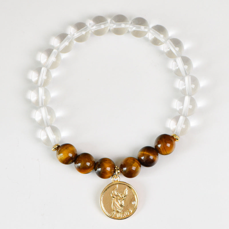 Zodiac Crystal Bracelet | Natural White  Quartz & Gemstone Beads | Gold Zodiac  Coin Charm | Healing Bracelet for Your  Star Sign