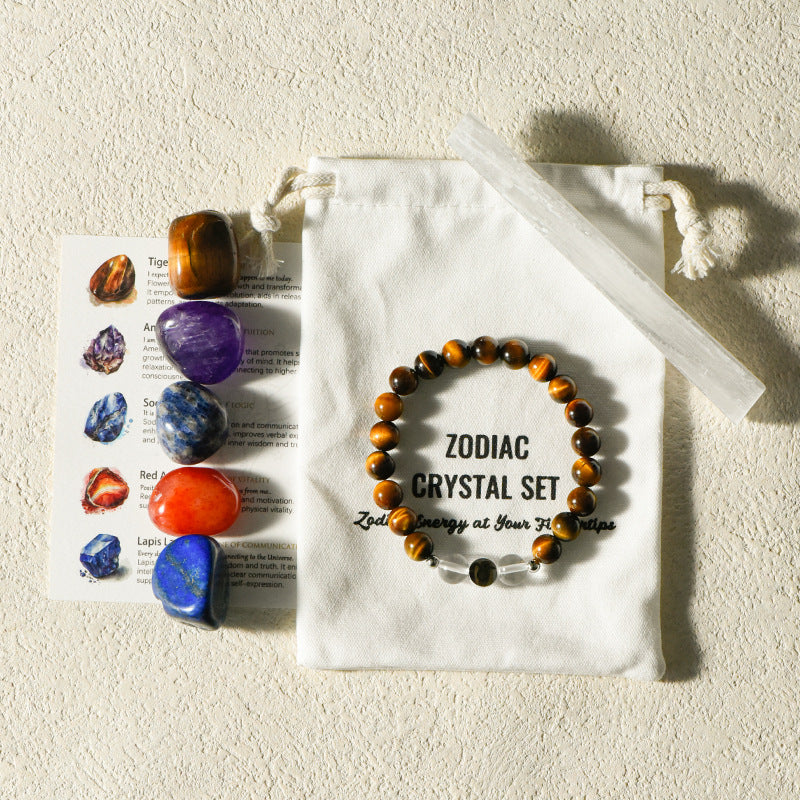 Zodiac Crystal Premium Bundle |  5 Natural Healing Stones + Zodiac  Bracelet + Meaning Card |  Complete Star Sign Gift Set