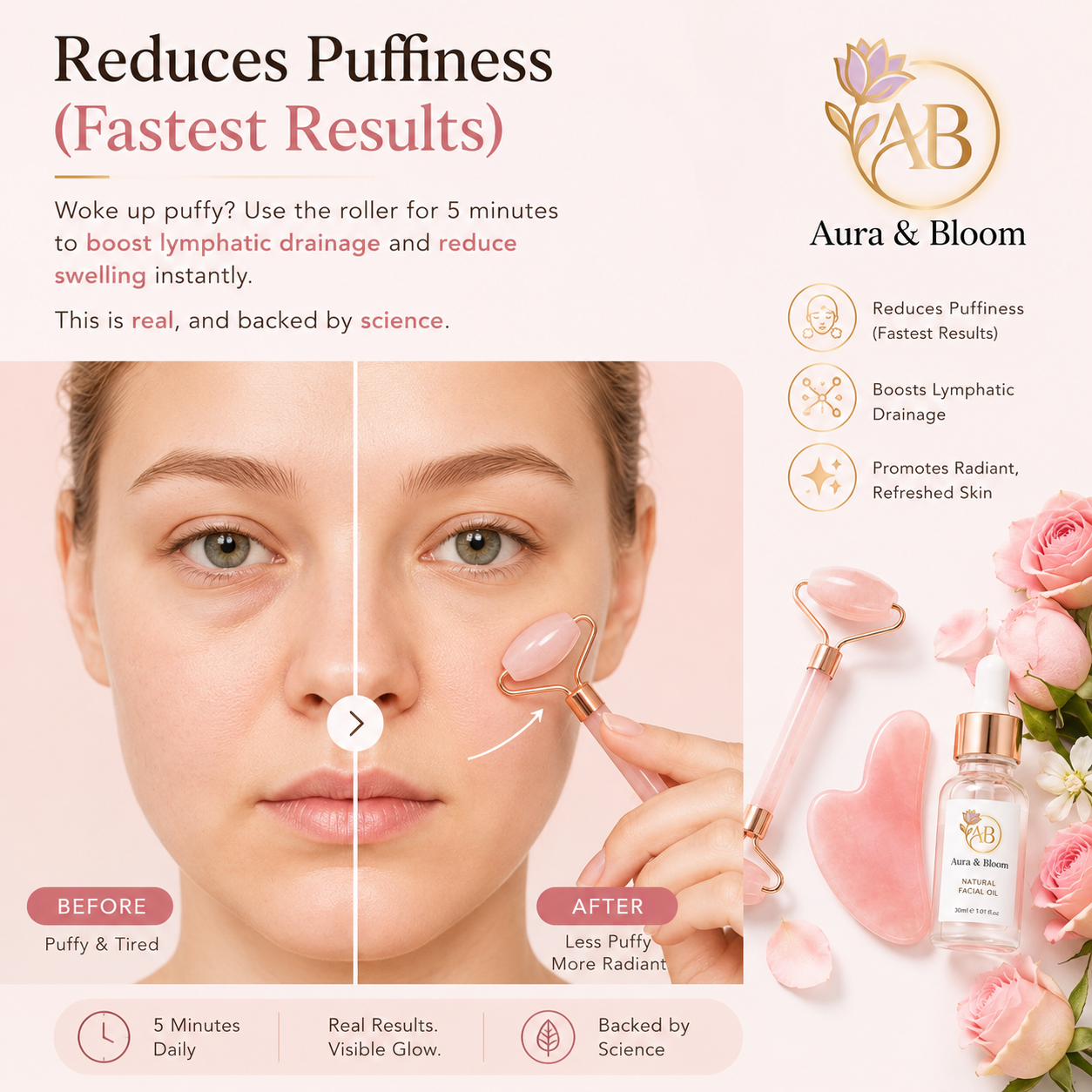 Rose Quartz Gua Sha & Facial Roller Set |  Ancient Chinese Beauty Ritual |  Natural Crystal Skin Care Tool |  Anti-Aging Face Massage