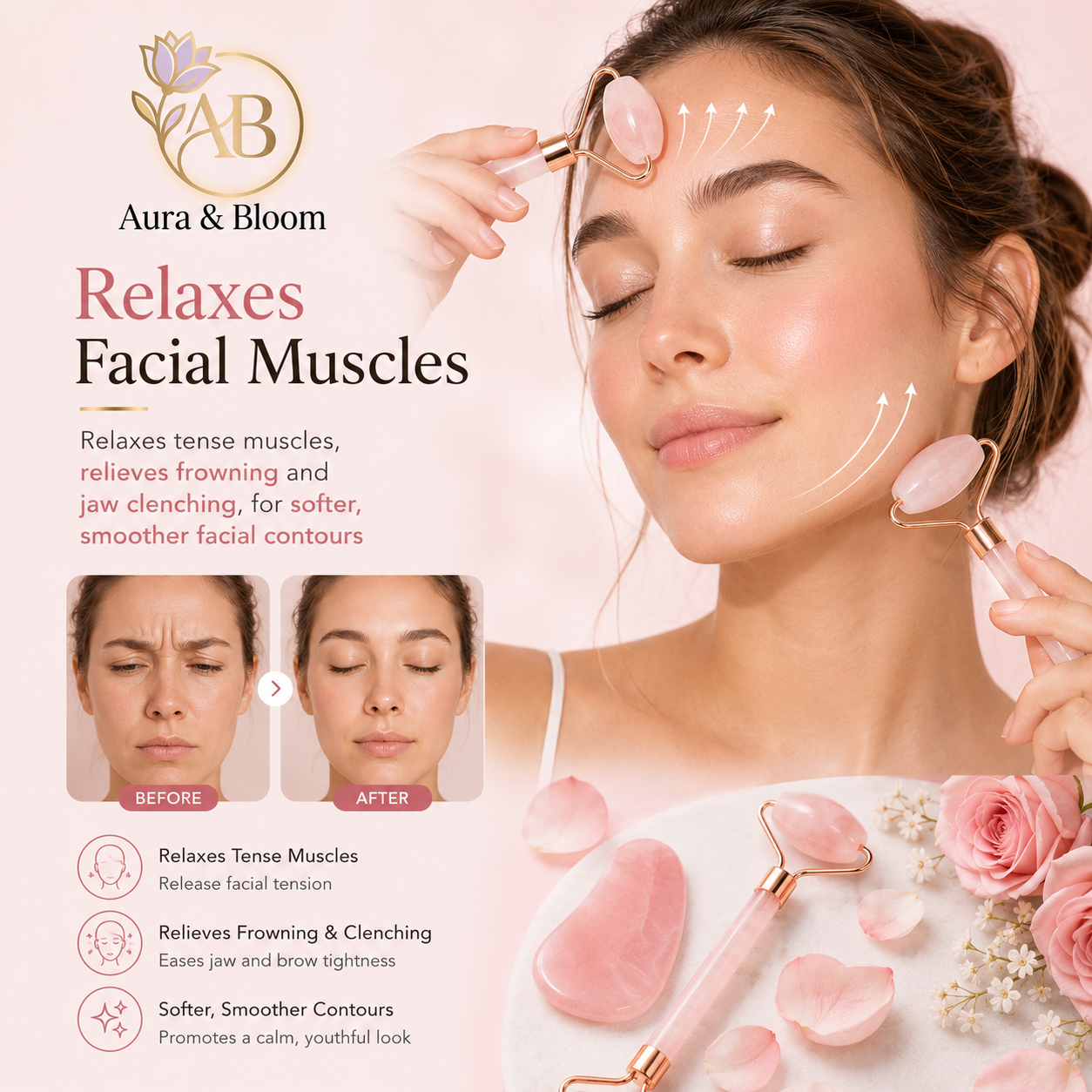 Rose Quartz Gua Sha & Facial Roller Set |  Ancient Chinese Beauty Ritual |  Natural Crystal Skin Care Tool |  Anti-Aging Face Massage