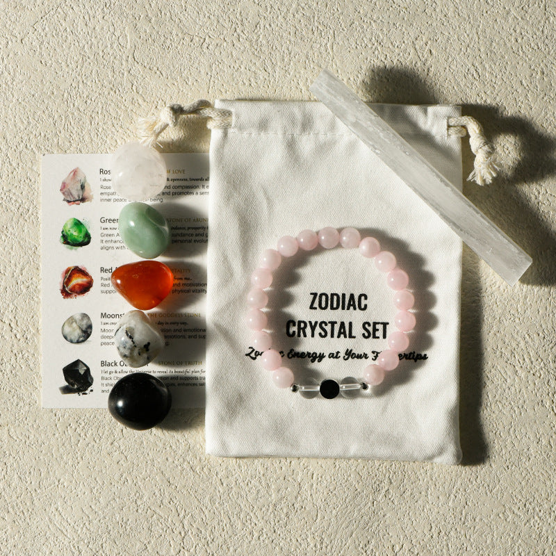 Zodiac Crystal Premium Bundle |  5 Natural Healing Stones + Zodiac  Bracelet + Meaning Card |  Complete Star Sign Gift Set