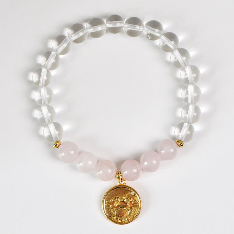 Zodiac Crystal Bracelet | Natural White  Quartz & Gemstone Beads | Gold Zodiac  Coin Charm | Healing Bracelet for Your  Star Sign