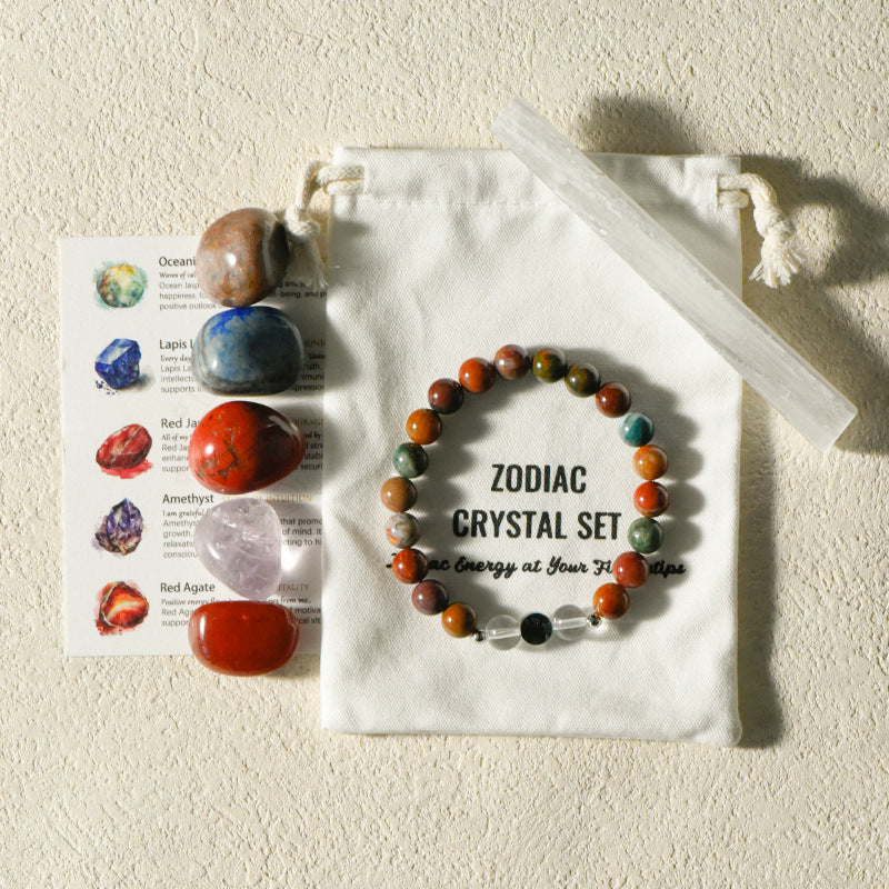 Zodiac Crystal Premium Bundle |  5 Natural Healing Stones + Zodiac  Bracelet + Meaning Card |  Complete Star Sign Gift Set