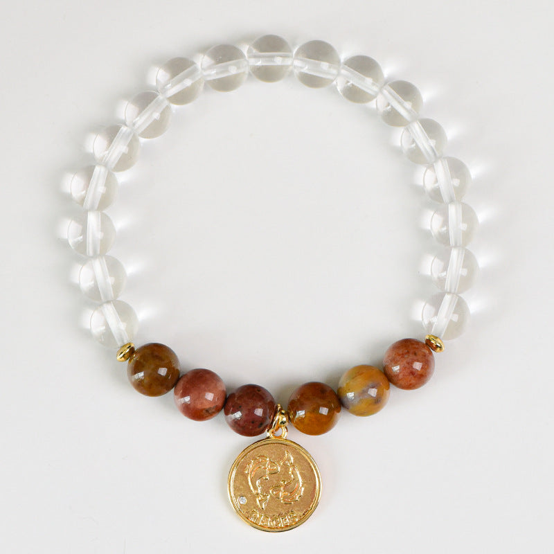Zodiac Crystal Bracelet | Natural White  Quartz & Gemstone Beads | Gold Zodiac  Coin Charm | Healing Bracelet for Your  Star Sign