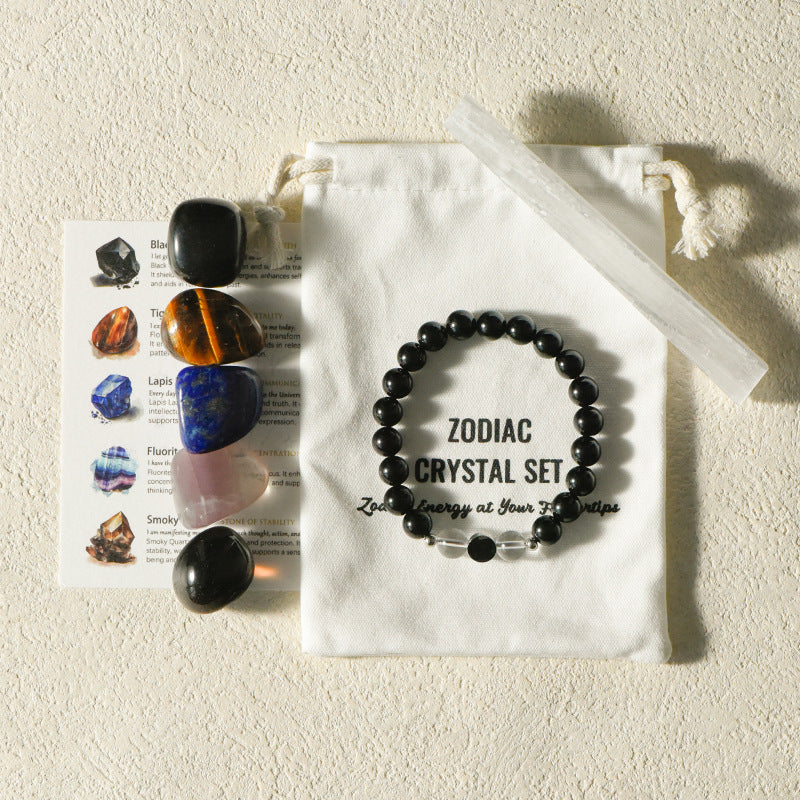 Zodiac Crystal Premium Bundle |  5 Natural Healing Stones + Zodiac  Bracelet + Meaning Card |  Complete Star Sign Gift Set