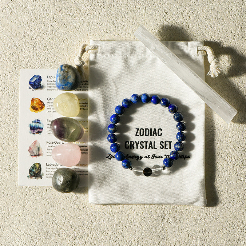 Zodiac Crystal Premium Bundle |  5 Natural Healing Stones + Zodiac  Bracelet + Meaning Card |  Complete Star Sign Gift Set