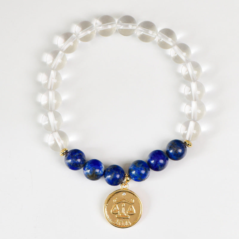 Zodiac Crystal Bracelet | Natural White  Quartz & Gemstone Beads | Gold Zodiac  Coin Charm | Healing Bracelet for Your  Star Sign