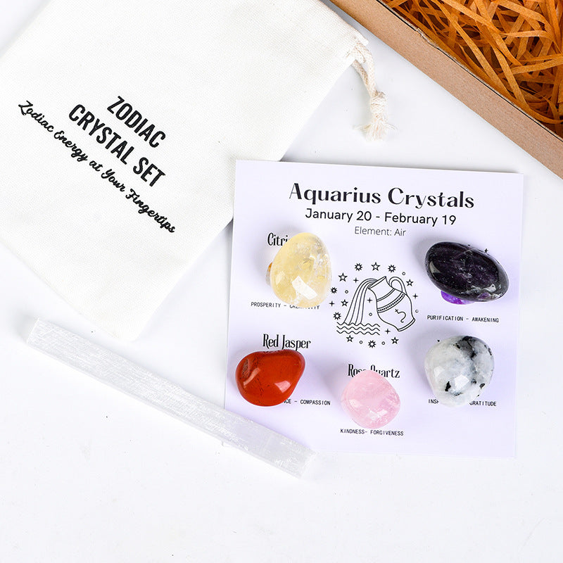 Zodiac Crystal Set | 5 Natural Healing  Stones for Your Star Sign | Selenite  Cleansing Wand Included |  Spiritual Birthday Gift