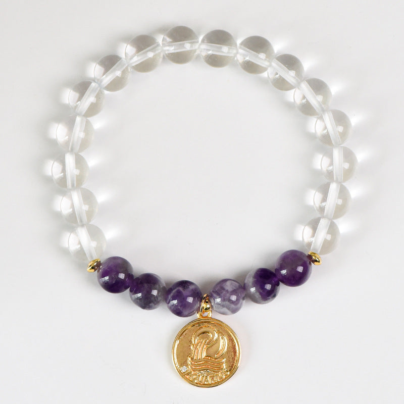 Zodiac Crystal Bracelet | Natural White  Quartz & Gemstone Beads | Gold Zodiac  Coin Charm | Healing Bracelet for Your  Star Sign