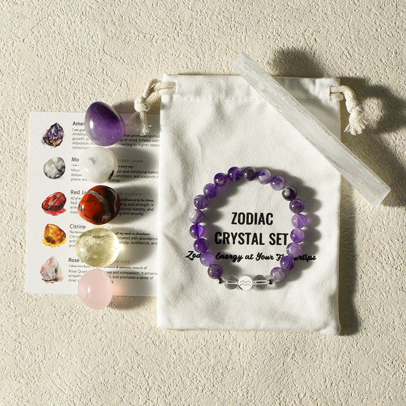 Zodiac Crystal Premium Bundle |  5 Natural Healing Stones + Zodiac  Bracelet + Meaning Card |  Complete Star Sign Gift Set