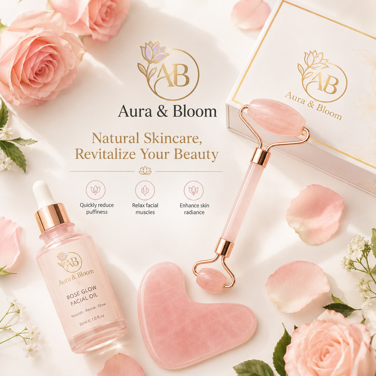 Rose Quartz Gua Sha & Facial Roller Set |  Ancient Chinese Beauty Ritual |  Natural Crystal Skin Care Tool |  Anti-Aging Face Massage