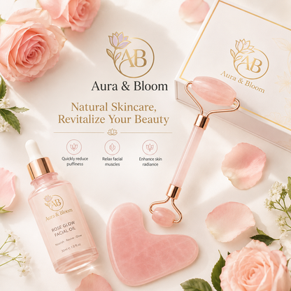 Rose Quartz Facial Roller and Gua Sha Set | Natural Crystal Face Massage Tools for Skin Rejuvenation & Self-Love | Aura & Bloom