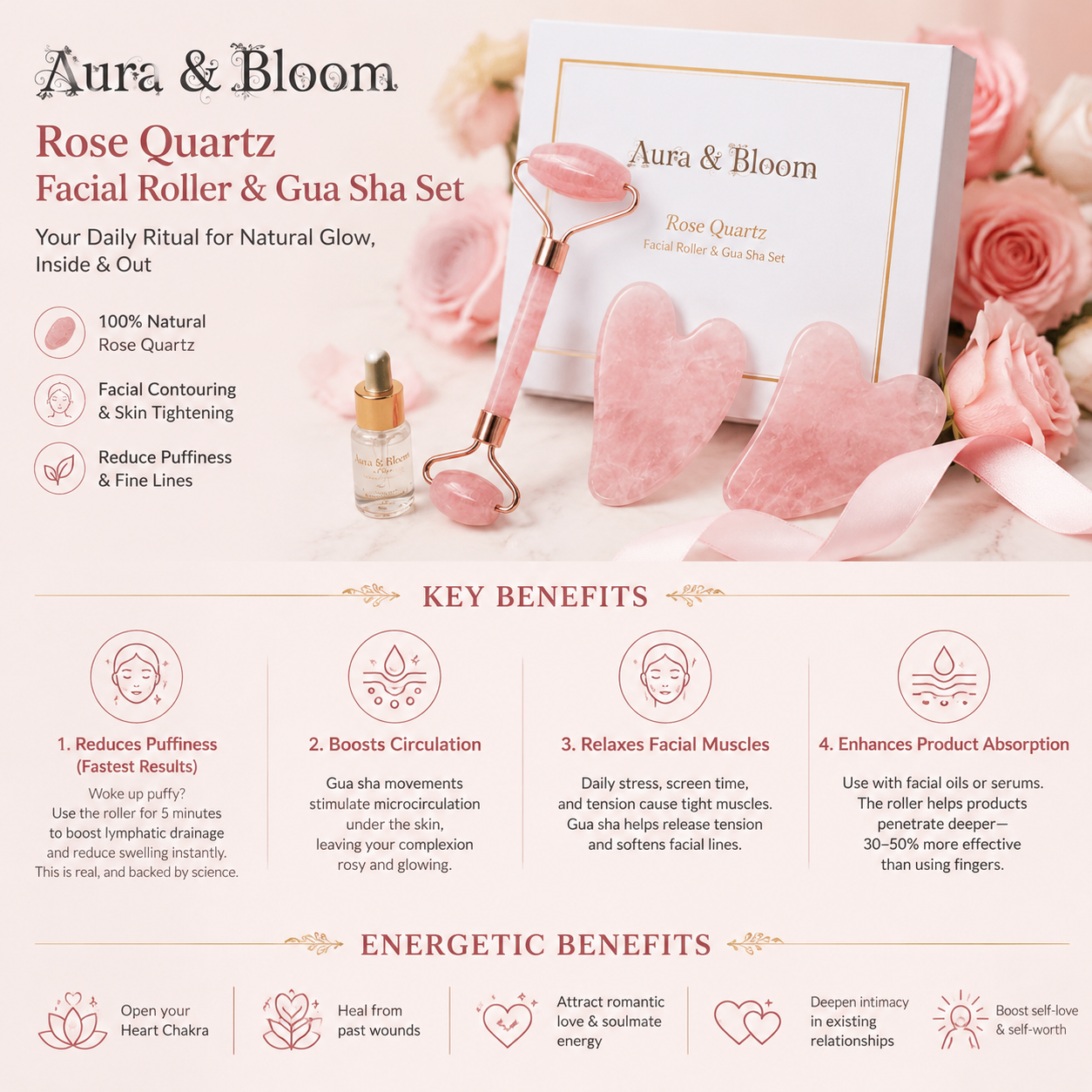 Rose Quartz Gua Sha & Facial Roller Set |  Ancient Chinese Beauty Ritual |  Natural Crystal Skin Care Tool |  Anti-Aging Face Massage
