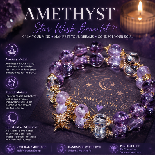 Amethyst Star Wish Bracelet Natural Crystal · Anxiety Relief · Gift Box Included