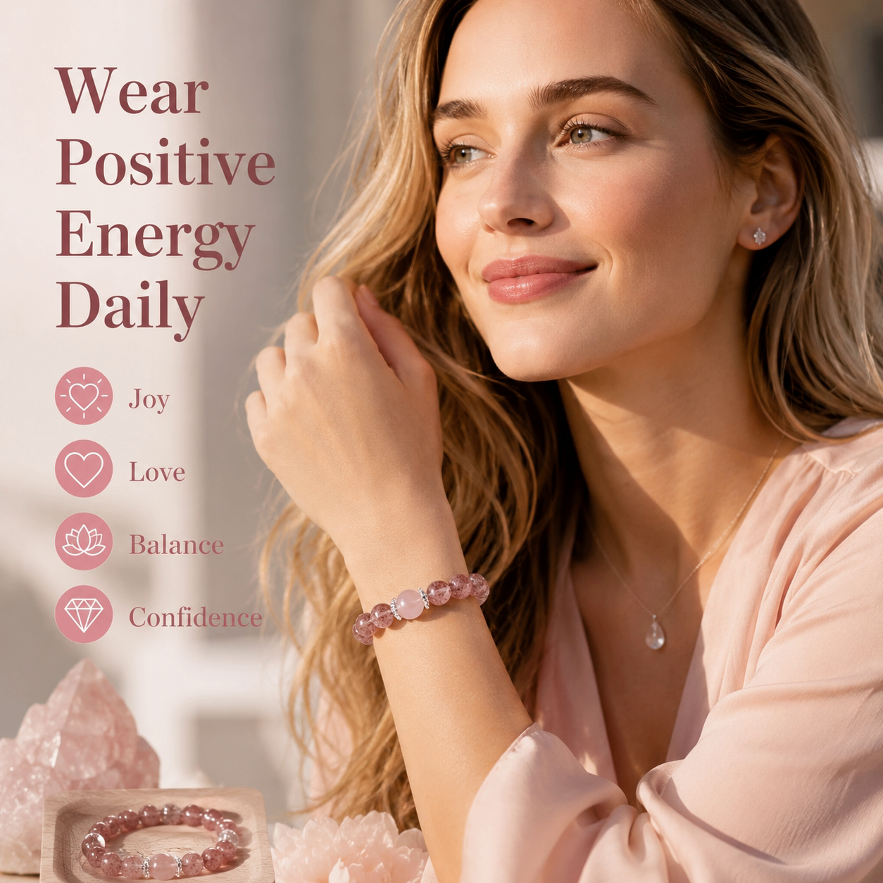 Strawberry Quartz Crystal Bracelet |  Natural Pink Healing Stone |  Joy · Love Attraction · Emotional Uplift |  Unique Gemstone Jewelry for Her