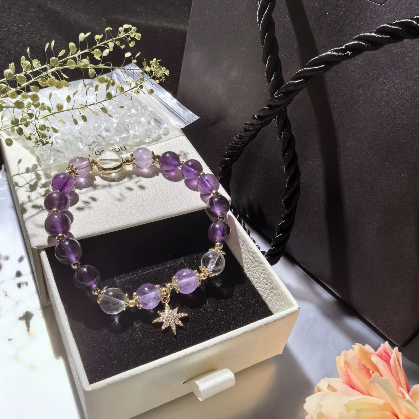 Pulsera de los deseos Estrella de amatista Cristal natural · Alivio de la ansiedad · Incluye caja de regalo