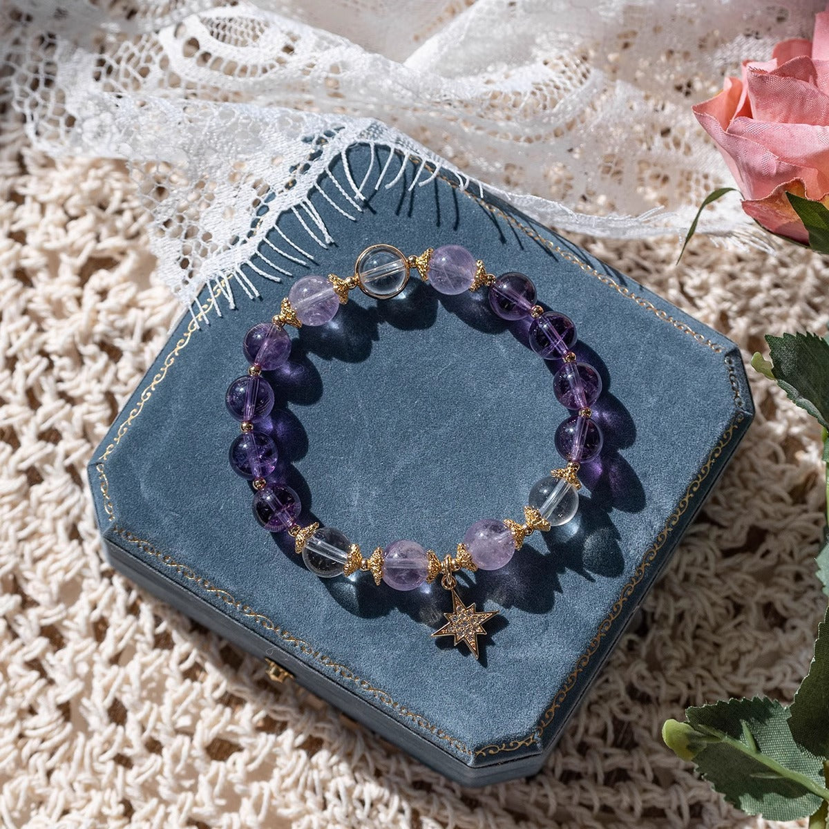 Pulsera de los deseos Estrella de amatista Cristal natural · Alivio de la ansiedad · Incluye caja de regalo