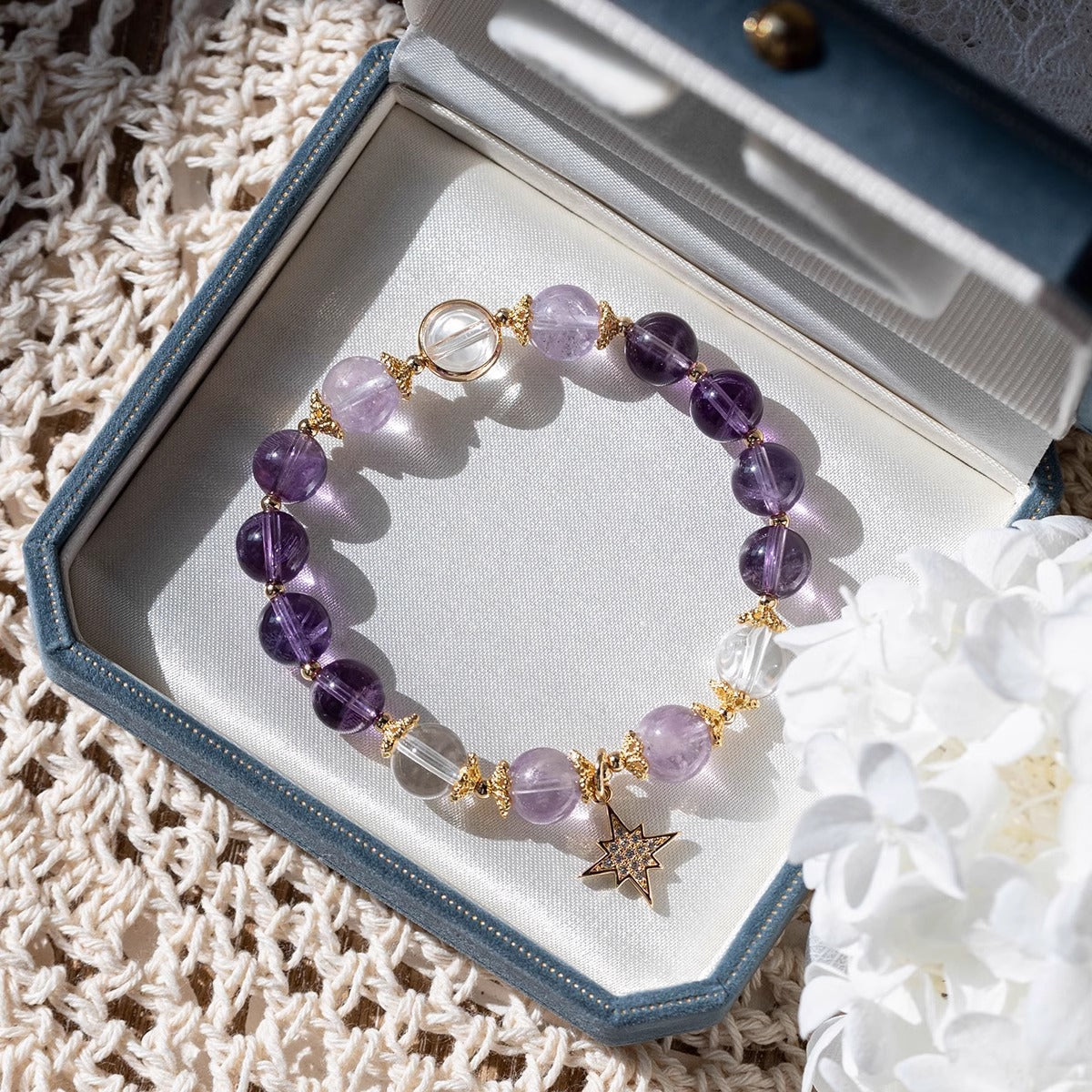 Pulsera de los deseos Estrella de amatista Cristal natural · Alivio de la ansiedad · Incluye caja de regalo