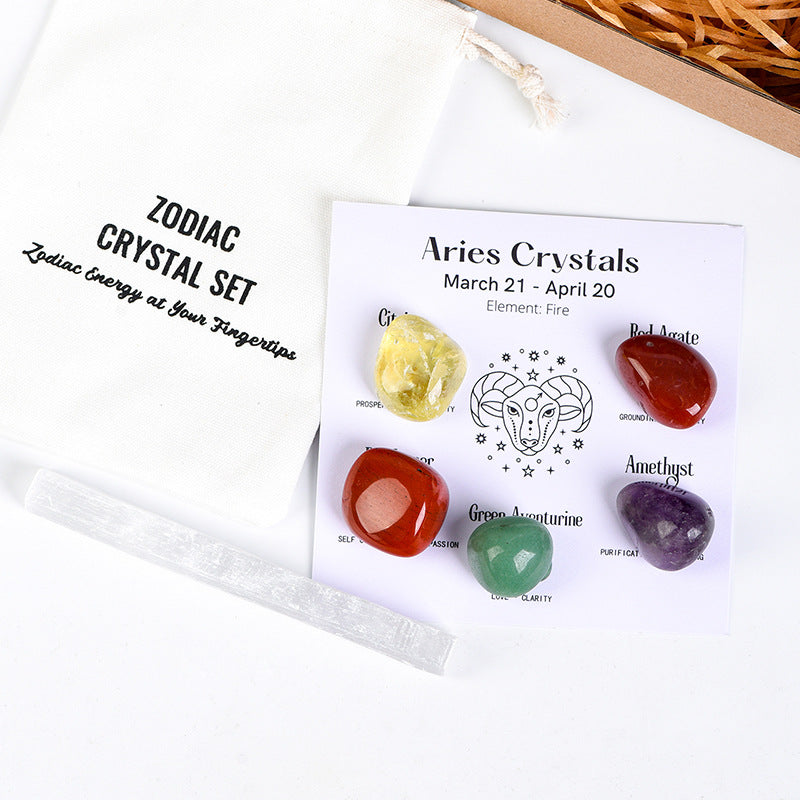 Zodiac Crystal Set | 5 Natural Healing  Stones for Your Star Sign | Selenite  Cleansing Wand Included |  Spiritual Birthday Gift