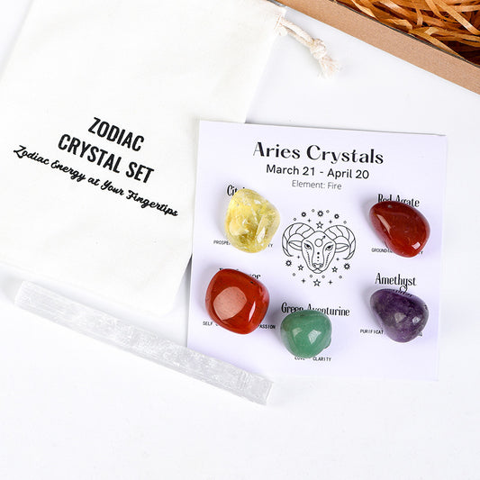 Zodiac Crystal Set | 5 Natural Healing  Stones for Your Star Sign | Selenite  Cleansing Wand Included |  Spiritual Birthday Gift
