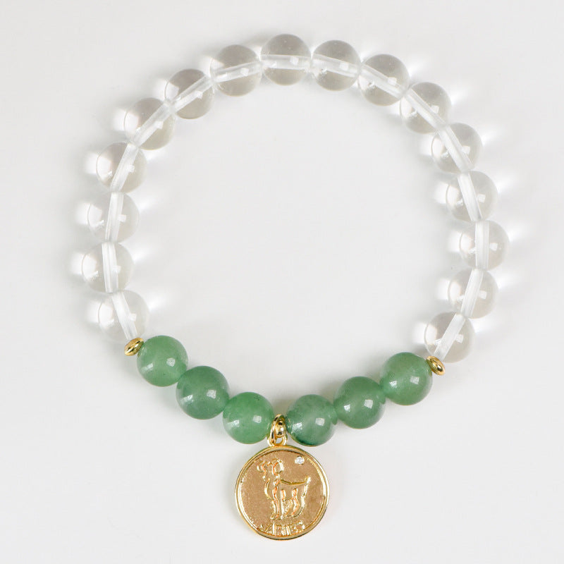Zodiac Crystal Bracelet | Natural White  Quartz & Gemstone Beads | Gold Zodiac  Coin Charm | Healing Bracelet for Your  Star Sign