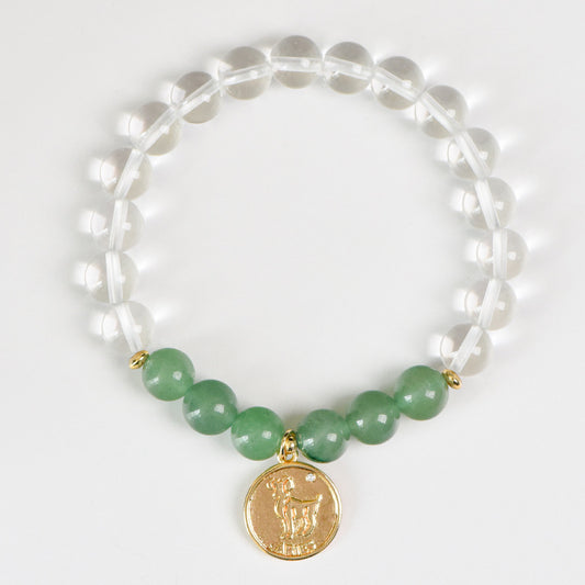 Zodiac Crystal Bracelet | Natural White  Quartz & Gemstone Beads | Gold Zodiac  Coin Charm | Healing Bracelet for Your  Star Sign