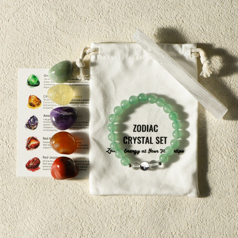 Zodiac Crystal Premium Bundle |  5 Natural Healing Stones + Zodiac  Bracelet + Meaning Card |  Complete Star Sign Gift Set