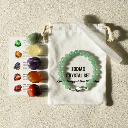 Zodiac Crystal Premium Bundle |  5 Natural Healing Stones + Zodiac  Bracelet + Meaning Card |  Complete Star Sign Gift Set