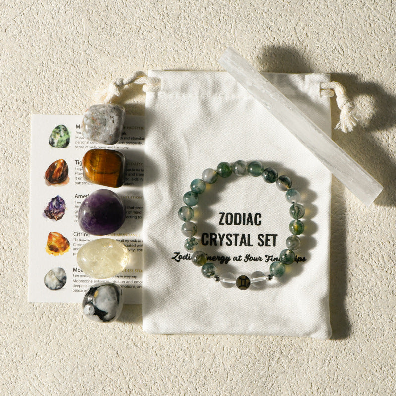 Zodiac Crystal Premium Bundle |  5 Natural Healing Stones + Zodiac  Bracelet + Meaning Card |  Complete Star Sign Gift Set