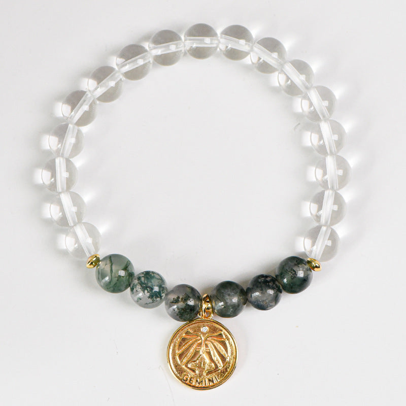 Zodiac Crystal Bracelet | Natural White  Quartz & Gemstone Beads | Gold Zodiac  Coin Charm | Healing Bracelet for Your  Star Sign