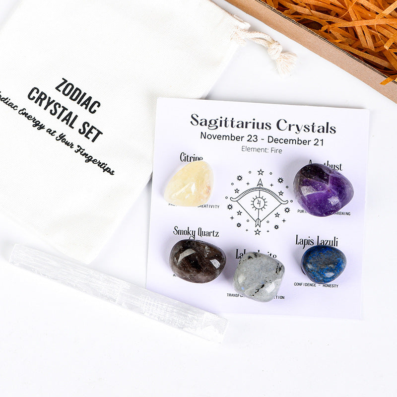Zodiac Crystal Set | 5 Natural Healing  Stones for Your Star Sign | Selenite  Cleansing Wand Included |  Spiritual Birthday Gift