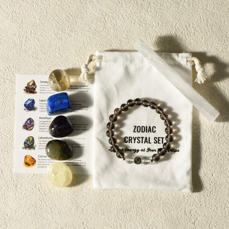 Zodiac Crystal Premium Bundle |  5 Natural Healing Stones + Zodiac  Bracelet + Meaning Card |  Complete Star Sign Gift Set