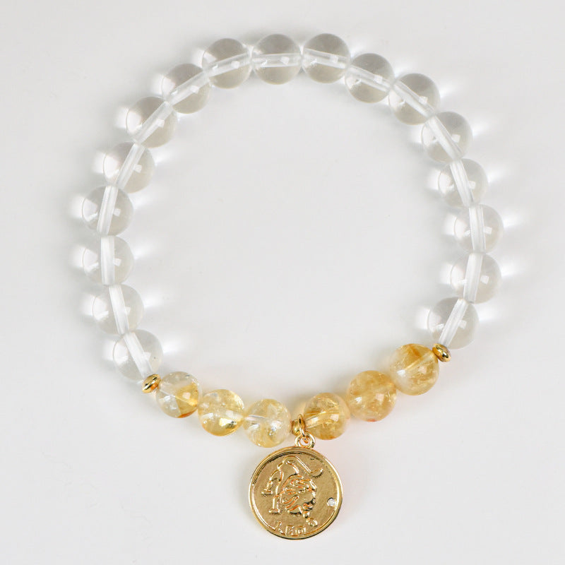 Zodiac Crystal Bracelet | Natural White  Quartz & Gemstone Beads | Gold Zodiac  Coin Charm | Healing Bracelet for Your  Star Sign