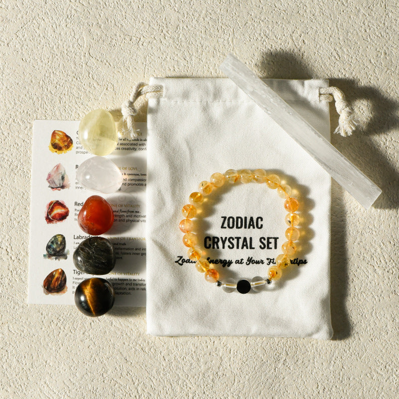 Zodiac Crystal Premium Bundle |  5 Natural Healing Stones + Zodiac  Bracelet + Meaning Card |  Complete Star Sign Gift Set