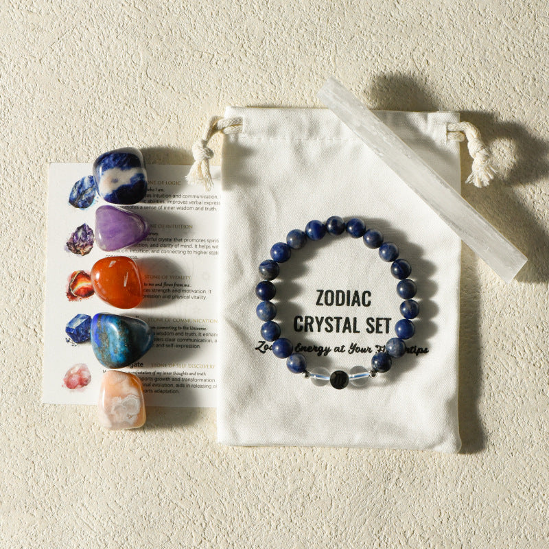 Zodiac Crystal Premium Bundle |  5 Natural Healing Stones + Zodiac  Bracelet + Meaning Card |  Complete Star Sign Gift Set