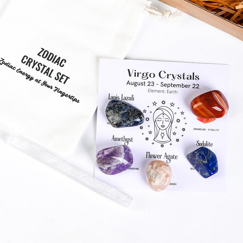Zodiac Crystal Set | 5 Natural Healing  Stones for Your Star Sign | Selenite  Cleansing Wand Included |  Spiritual Birthday Gift