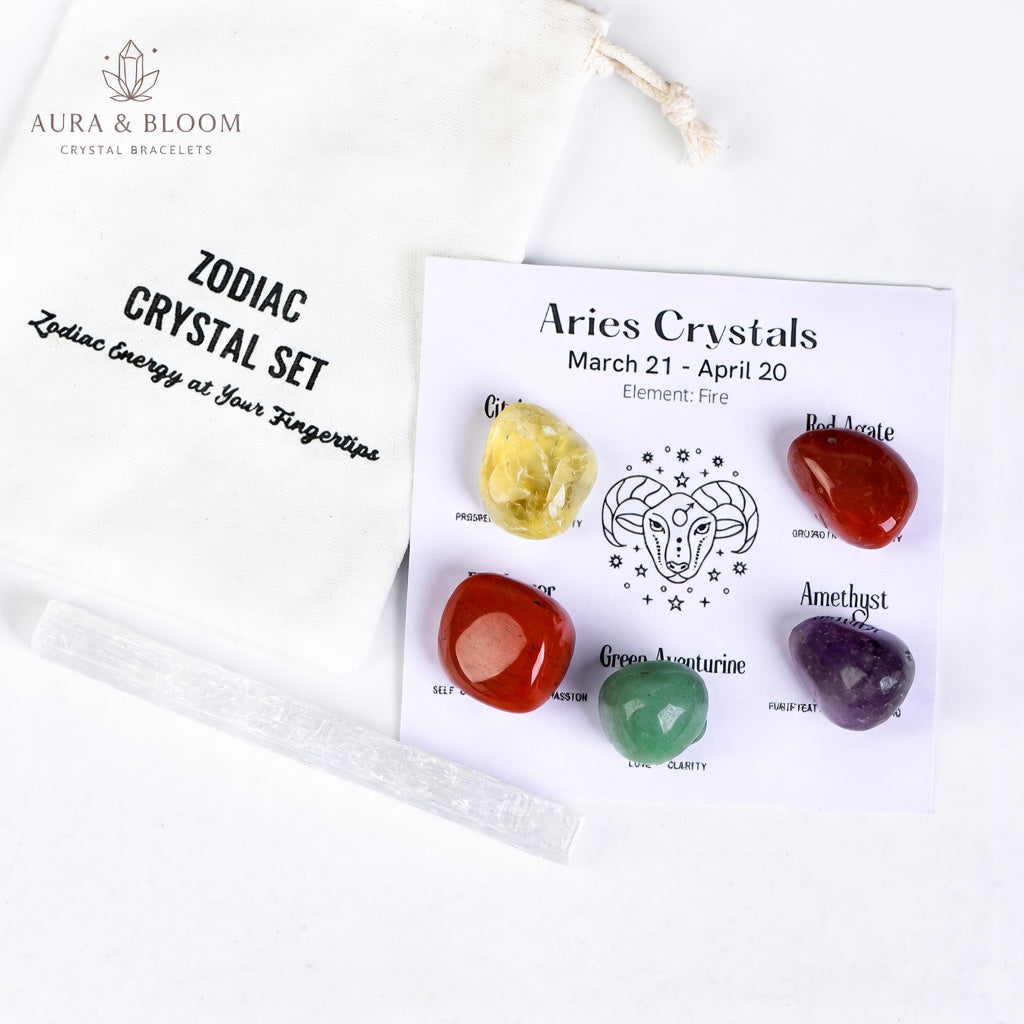 Aries Zodiac Crystal Set | Natural Crystal Healing Set for Aries | Strength & Balance | Aura & Bloom