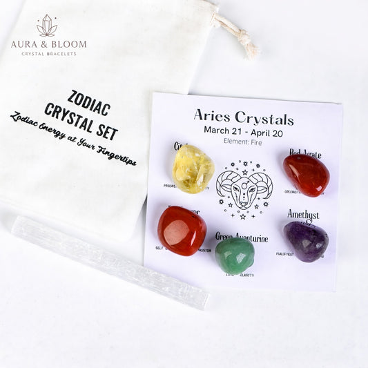 Aries Zodiac Crystal Set | Natural Crystal Healing Set for Aries | Strength & Balance | Aura & Bloom