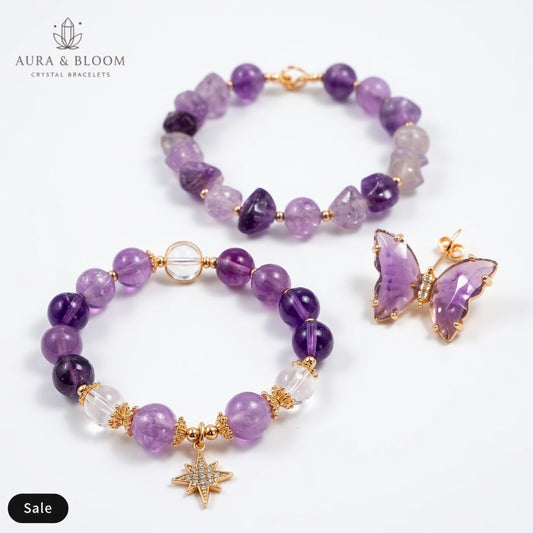 Amethyst Arrow Bracelet Set | Natural Crystal Bracelet Duo | Calm & Positive Energy Gift