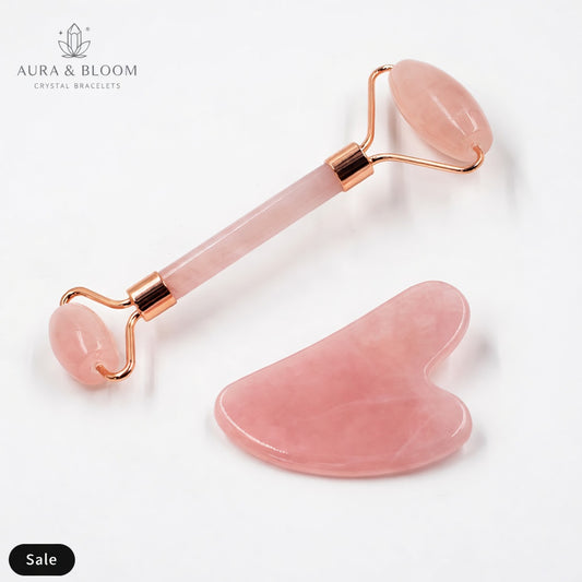 Rose Quartz Facial Roller and Gua Sha Set | Natural Crystal Face Massage Tools for Skin Rejuvenation & Self-Love | Aura & Bloom